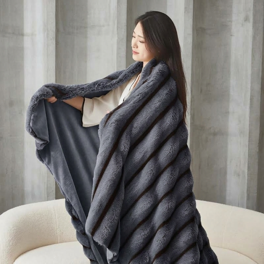 Plaid Anthracite – Fausse Fourrure Moelleuse à Relief Rayé - vue 4 | Aolina