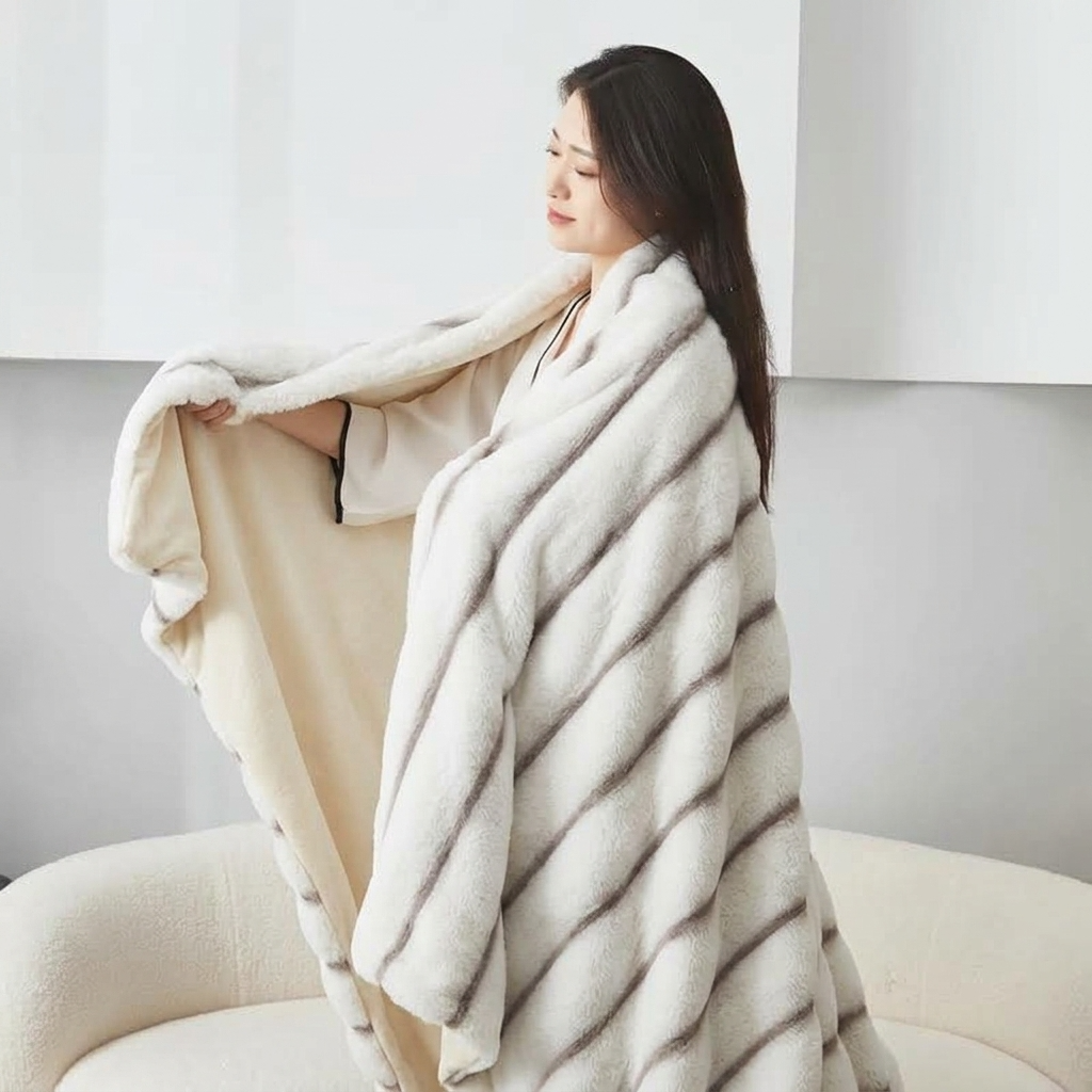 Plaid Blanc – Fausse Fourrure Moelleuse à Relief Rayé - vue 3 | Aolina