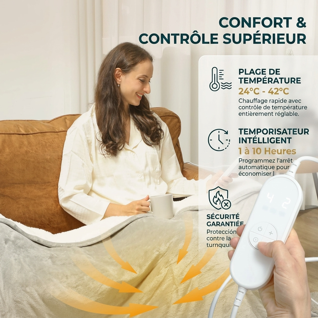 Plaid Chauffant Gris – Température Réglable - vue 4 | Aolina