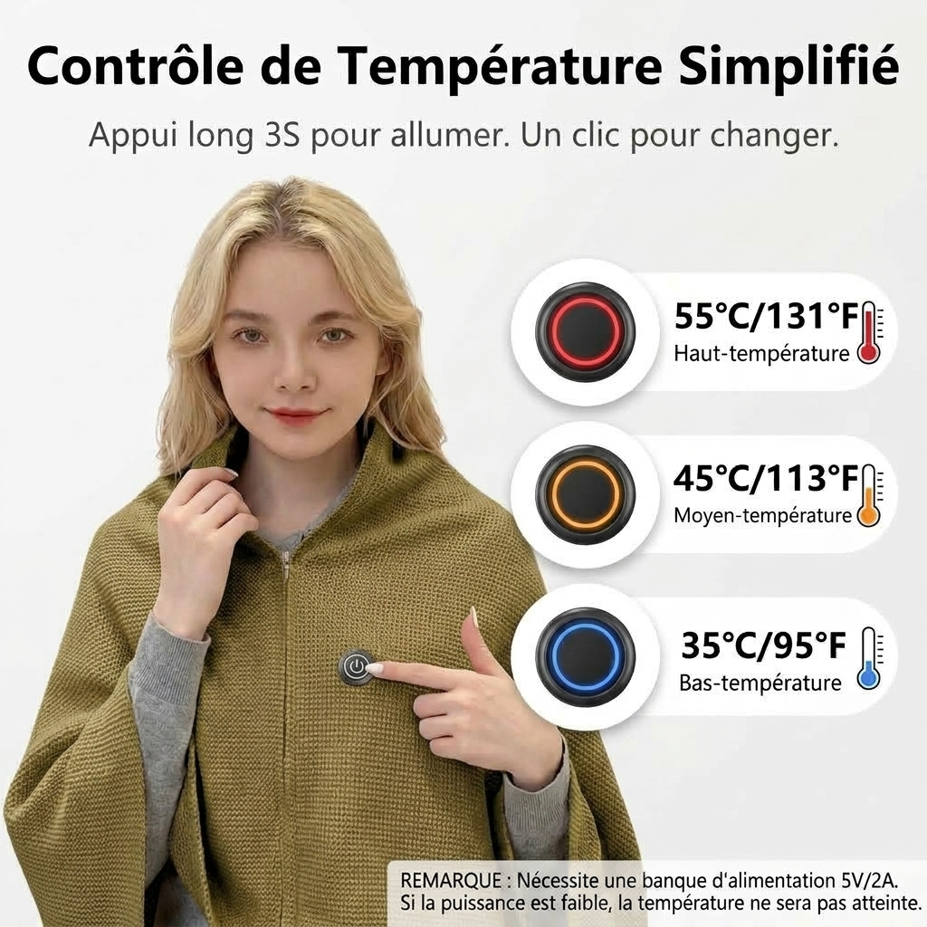 Plaid Chauffant Kaki – Portable à 3 Niveaux de Température - vue 4 | Aolina