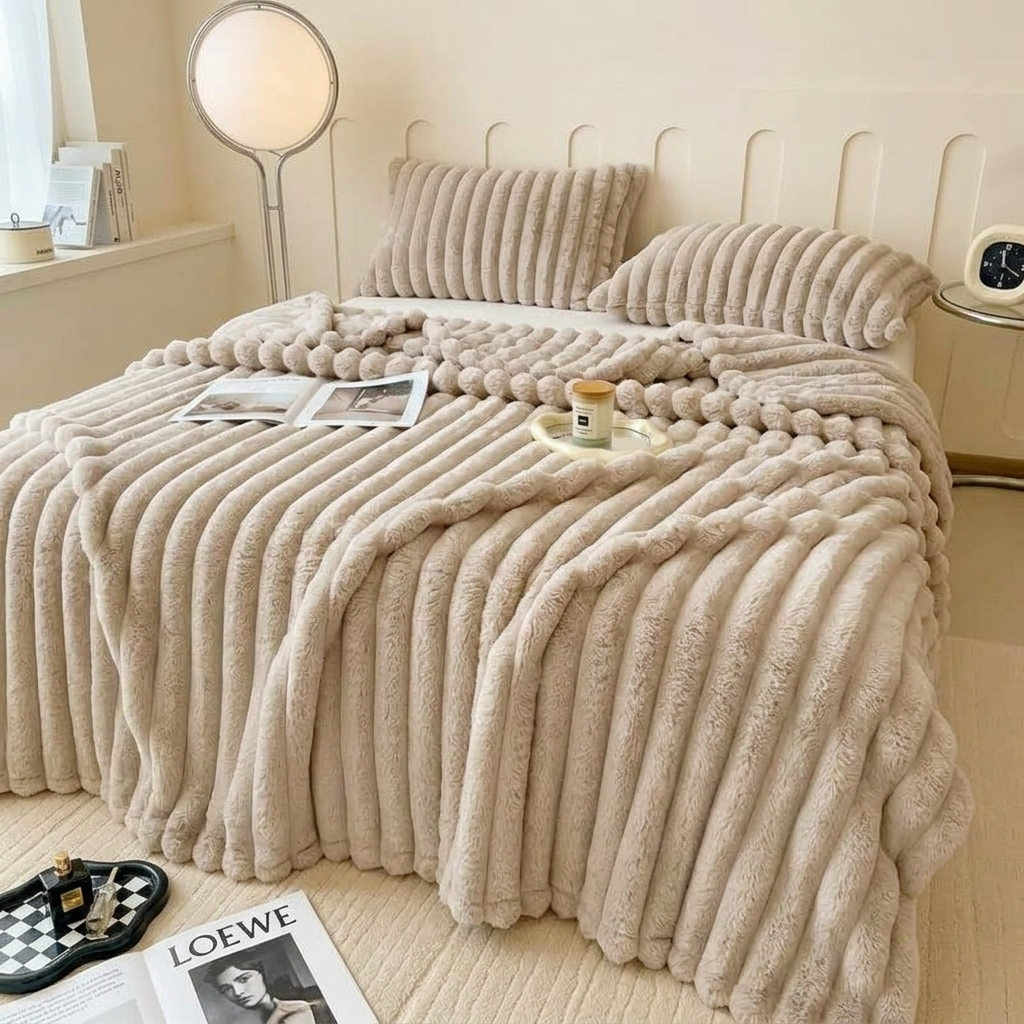 Plaid Taupe – Fausse Fourrure Côtelée Douce et Épaisse - vue 4 | Aolina
