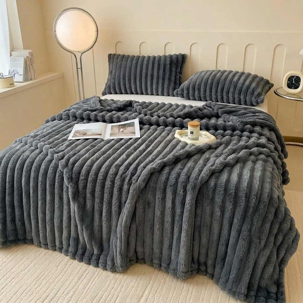 Plaid Gris – Fausse Fourrure Côtelée Douce et Épaisse - vue 2 | Aolina
