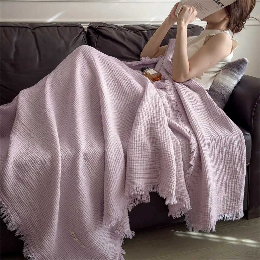 Plaid Violet – 100 % Coton 4 Épaisseurs à Franges - vue 4 | Aolina