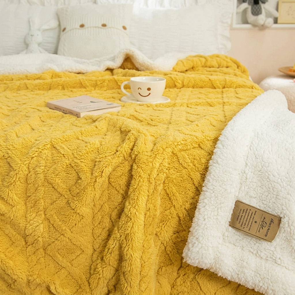 Plaid Jaune – Polaire Sherpa à Motifs Géométriques - vue 5 | Aolina