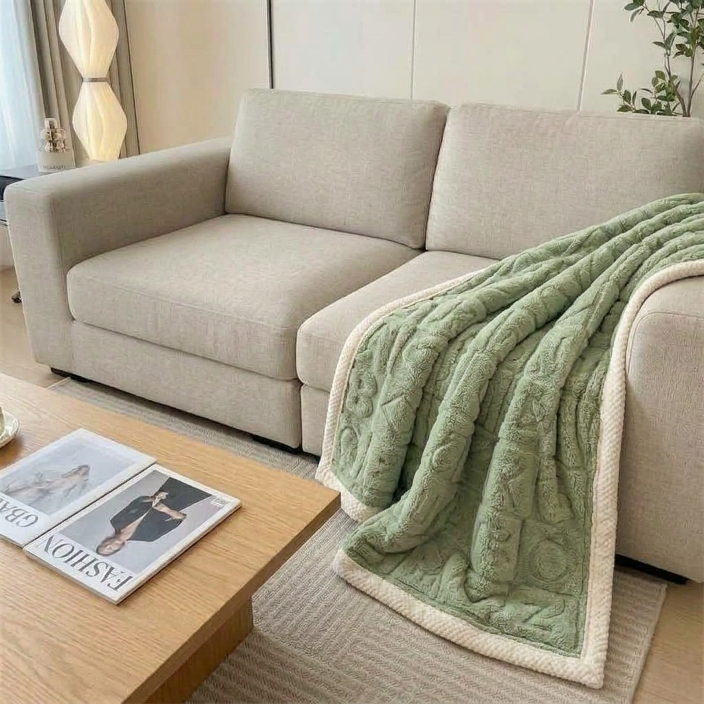 Plaid Vert – Polaire Douce à Motifs Cœur en Relief - vue 2 | Aolina