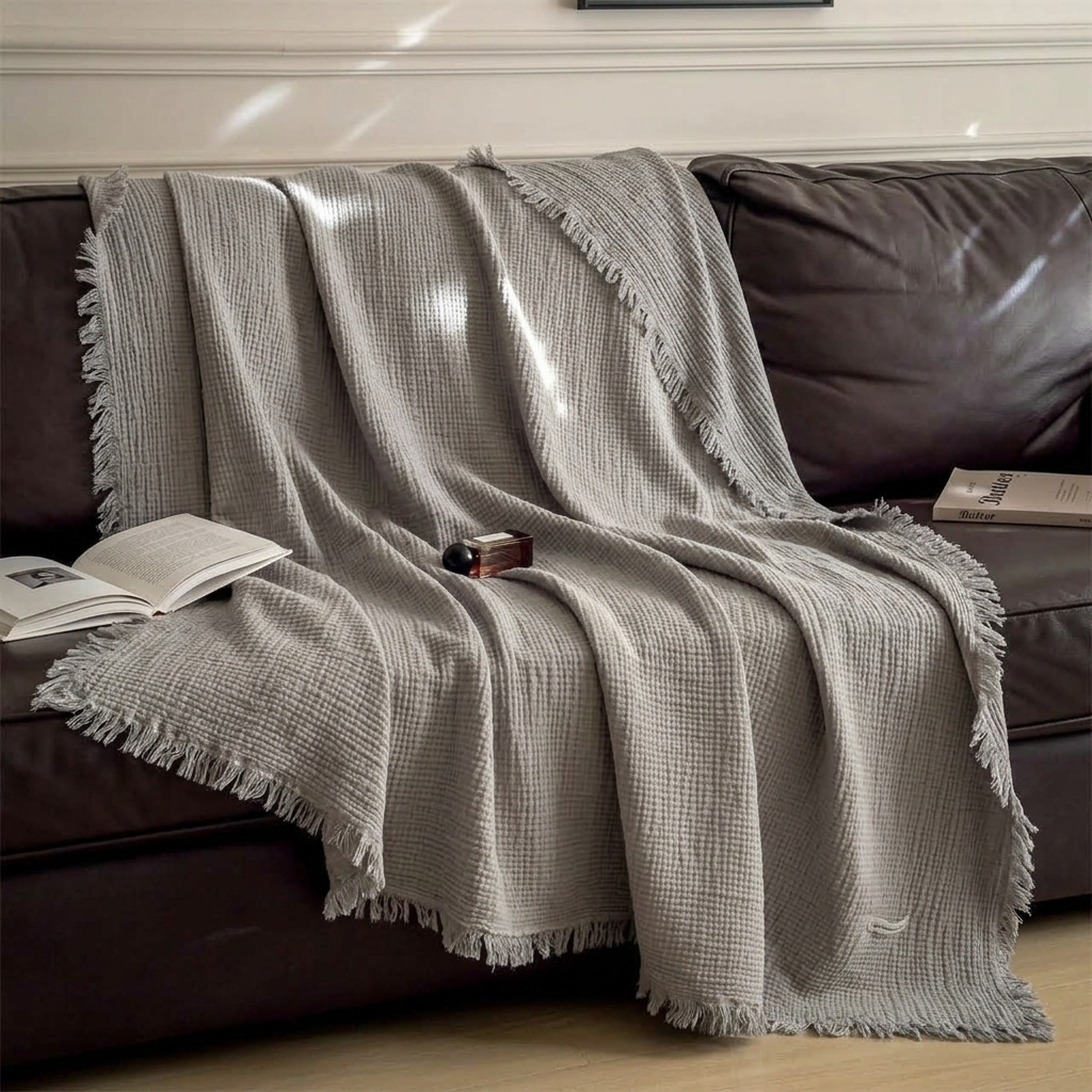 Plaid Gris – 100 % Coton 4 Épaisseurs à Franges - vue 3 | Aolina