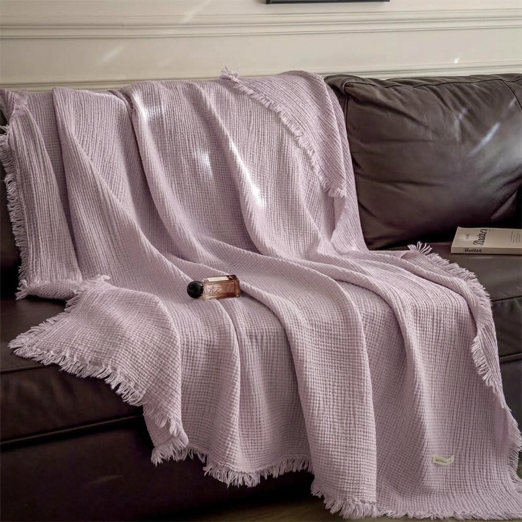 Plaid Violet – 100 % Coton 4 Épaisseurs à Franges - vue 3 | Aolina