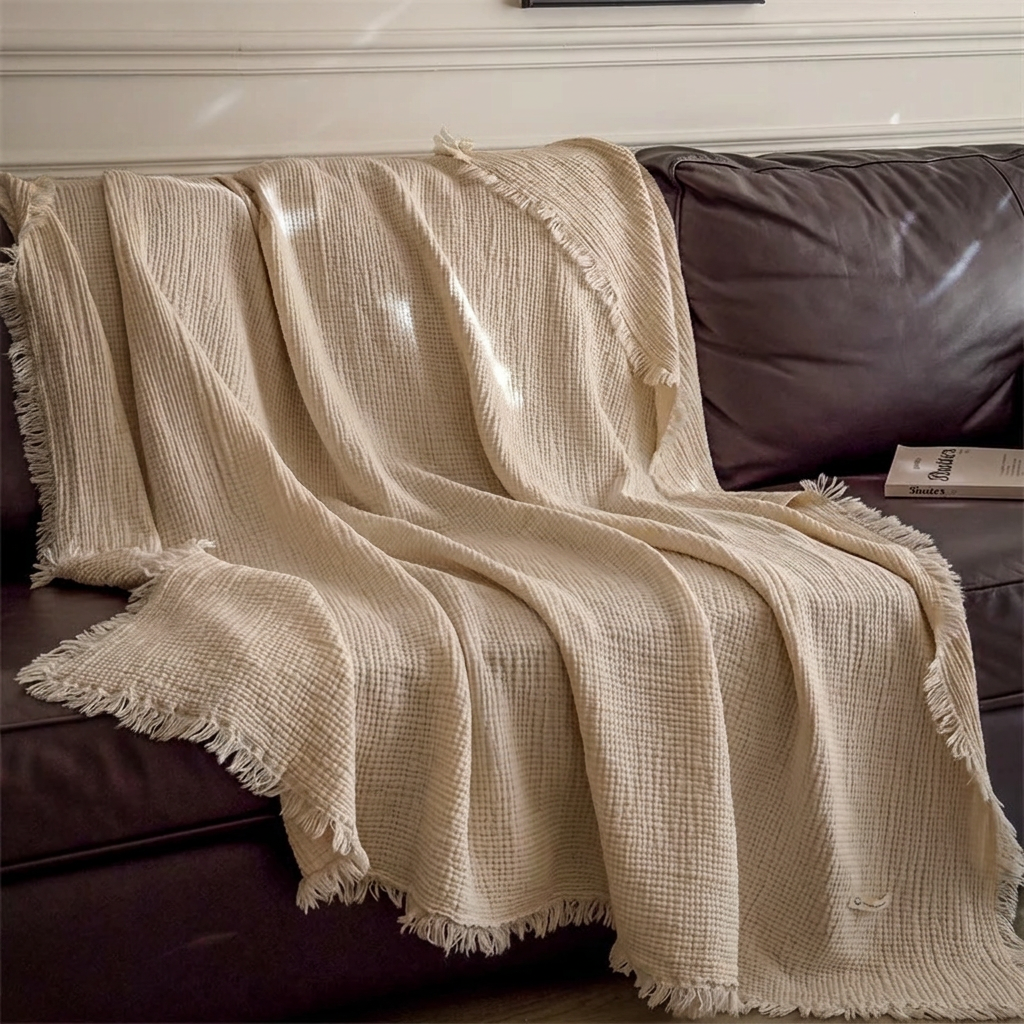 Plaid Taupe – 100 % Coton 4 Épaisseurs à Franges - vue 3 | Aolina
