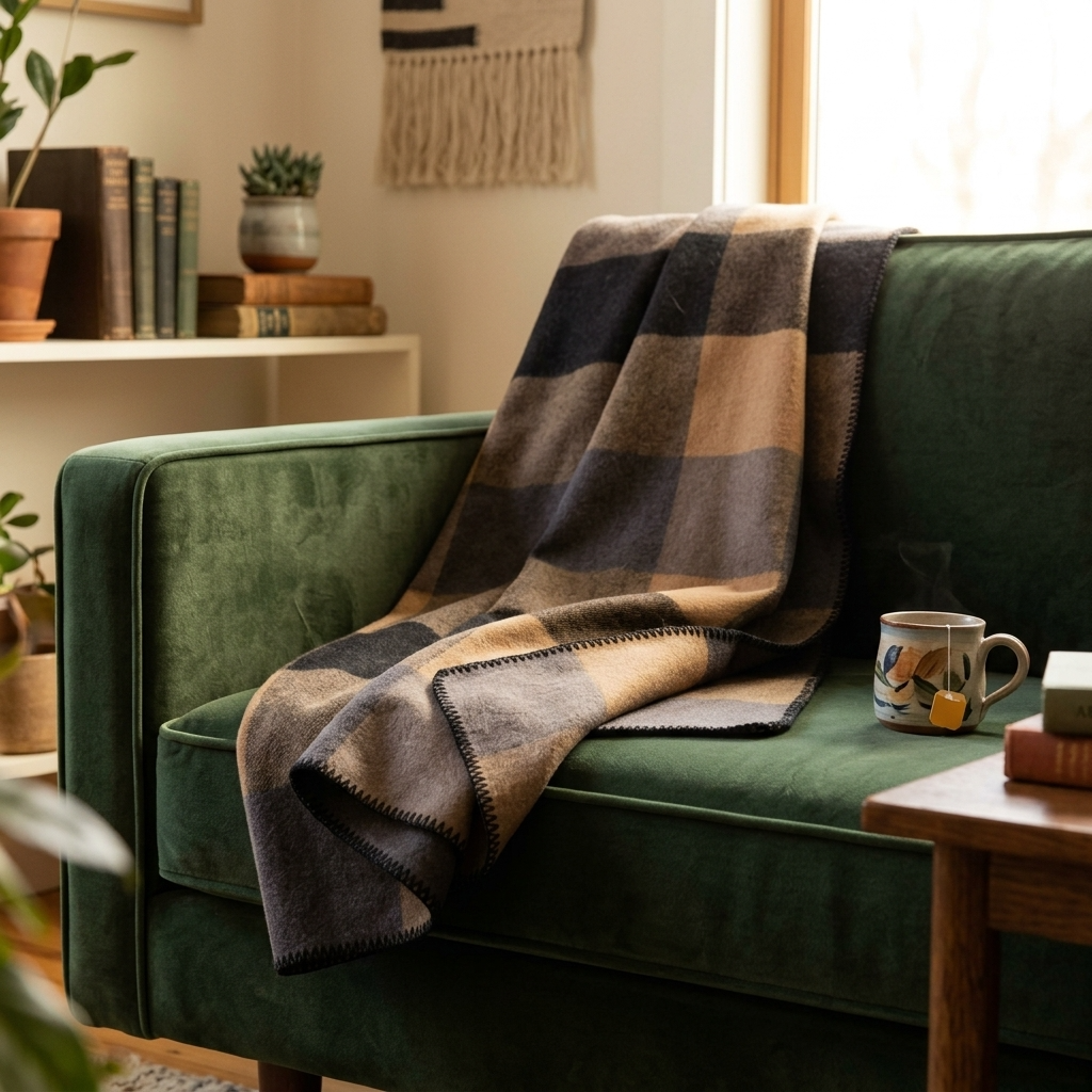Plaid 100 % Laine à Rayures Camel & Marron - vue 7 | Aolina
