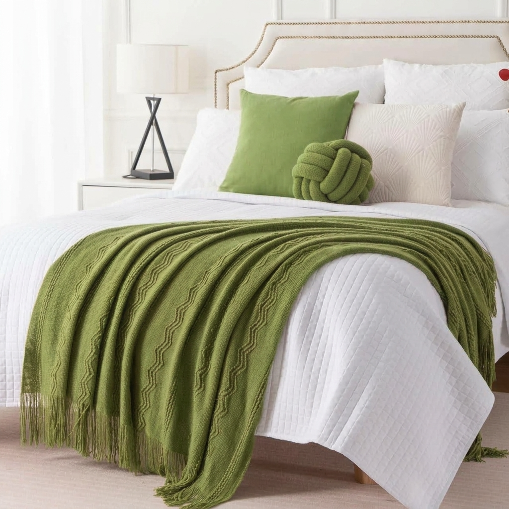 Plaid Olive – Tricoté à Motifs en Relief & Franges - vue 2 | Aolina