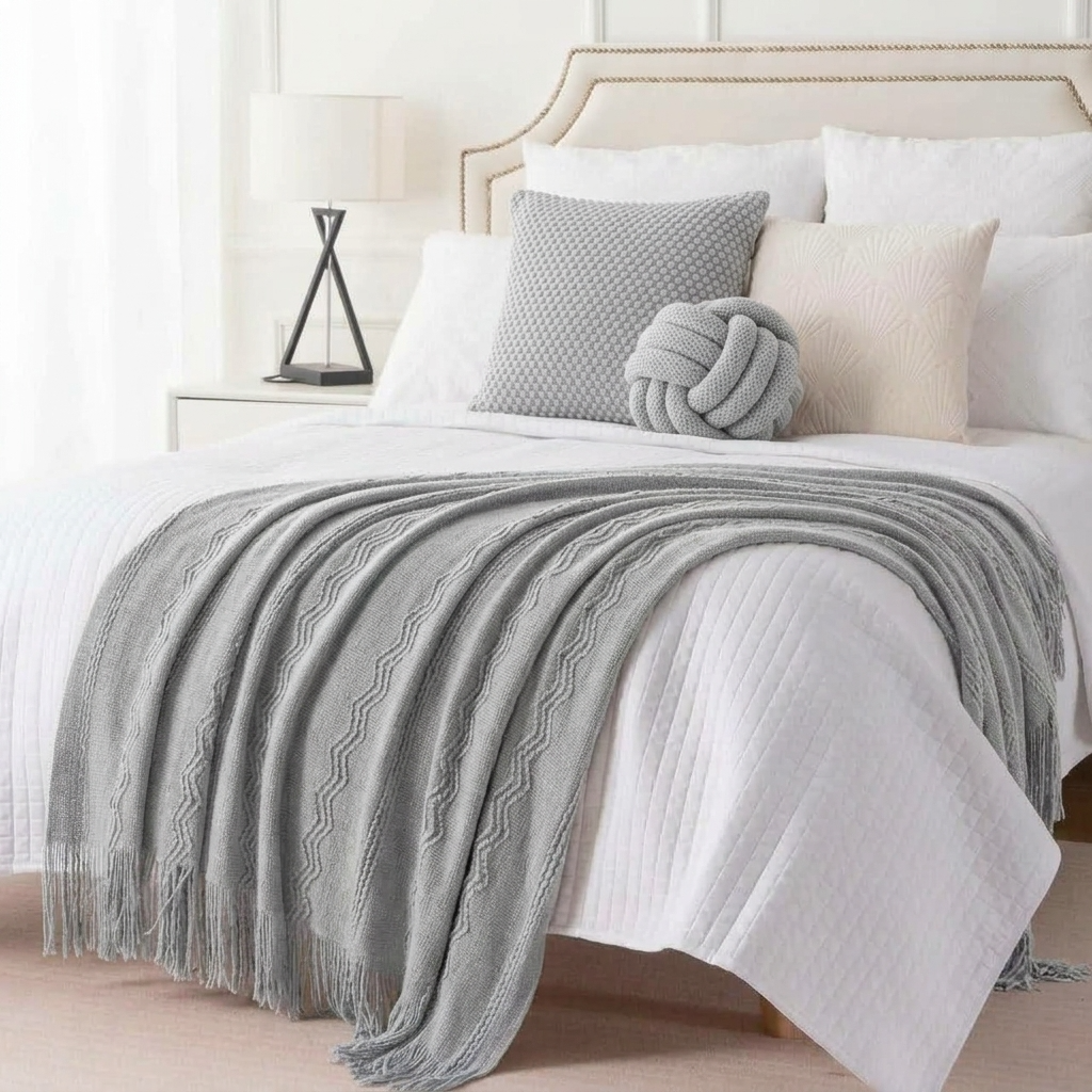 Plaid Gris – Tricoté à Motifs en Relief & Franges - vue 4 | Aolina