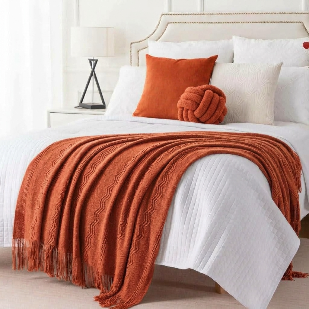 Plaid Orange – Tricoté à Motifs en Relief & Franges - vue 3 | Aolina