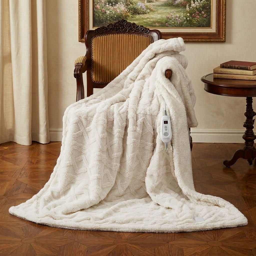 Plaid Chauffant Blanc – Sherpa à 6 Niveaux de Chaleur - vue 3 | Aolina
