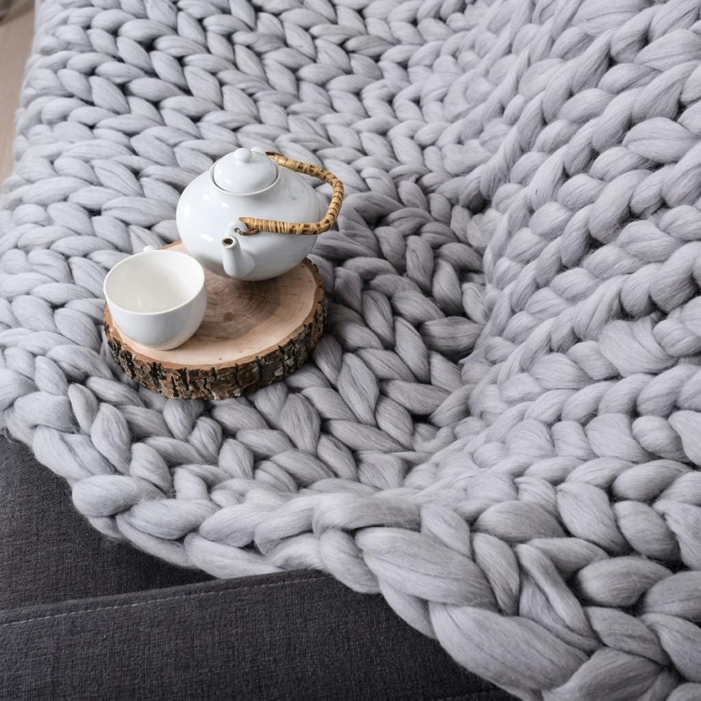 Plaid Gris – 100 % Coton à Grosse Maille - vue 2 | Aolina