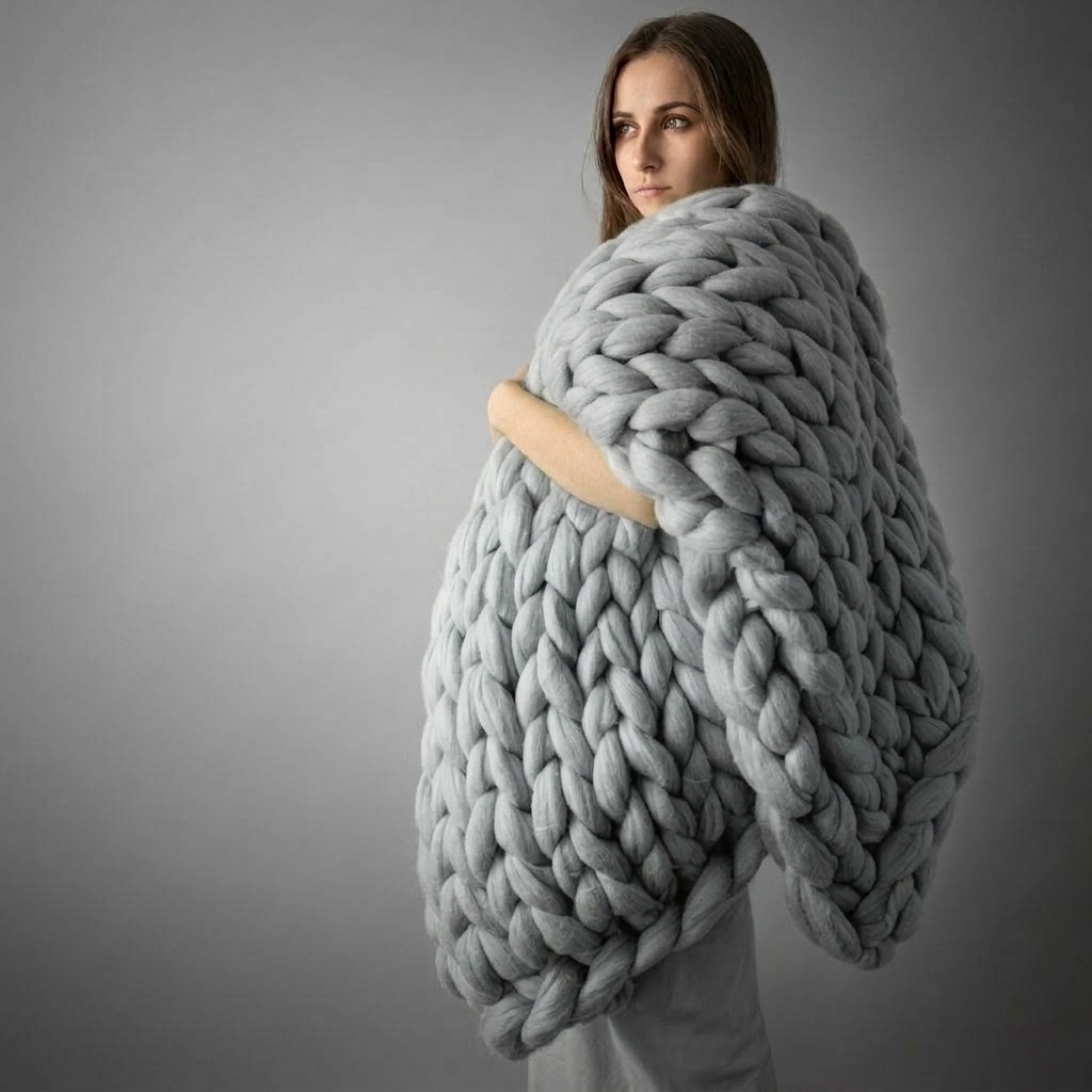 Plaid Gris – 100 % Coton à Grosse Maille - vue 4 | Aolina