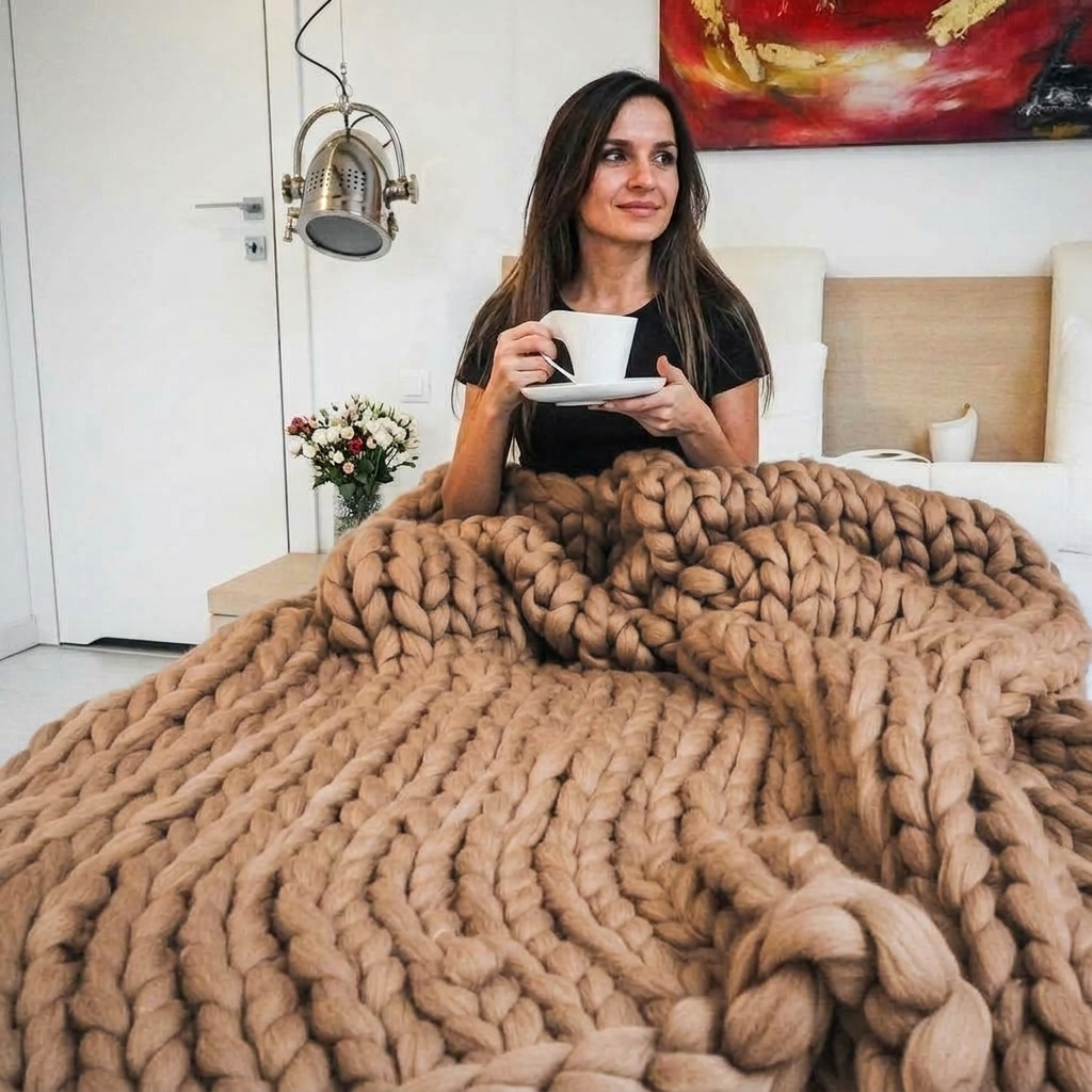 Plaid Camel – 100 % Coton à Grosse Maille - vue 2 | Aolina