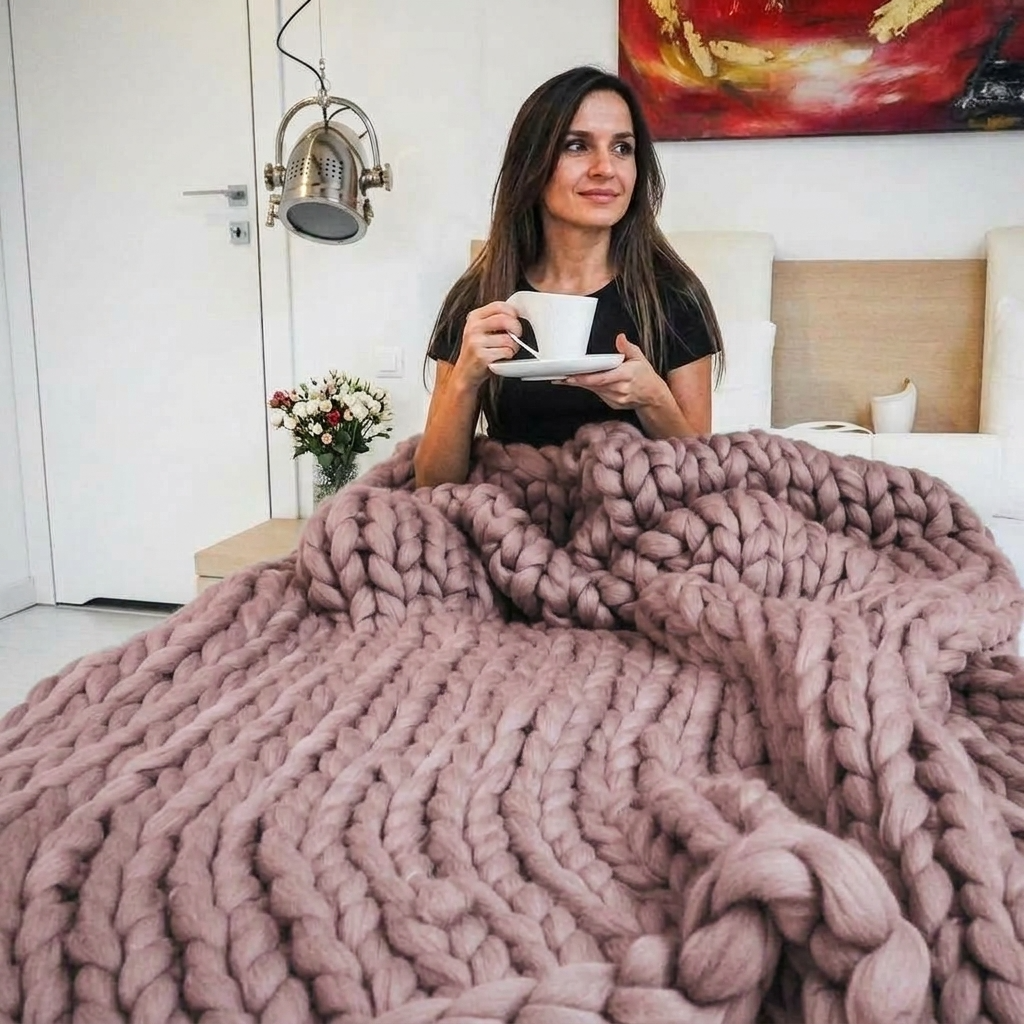 Plaid Rose – 100 % Coton à Grosse Maille - vue 2 | Aolina