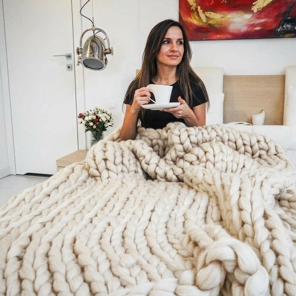 Plaid Blanc – 100 % Coton à Grosse Maille - vue 3 | Aolina
