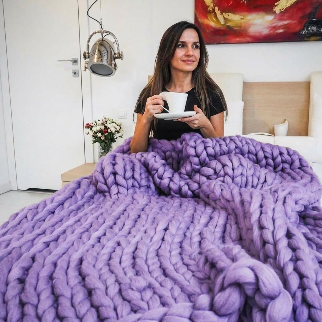 Plaid Violet – 100 % Coton à Grosse Maille - vue 3 | Aolina
