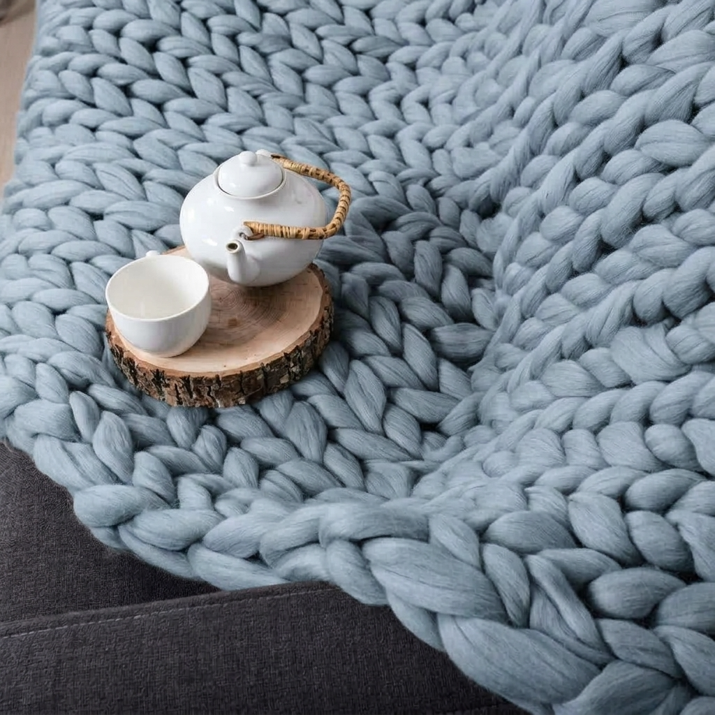 Plaid Bleu – 100 % Coton à Grosse Maille - vue 2 | Aolina