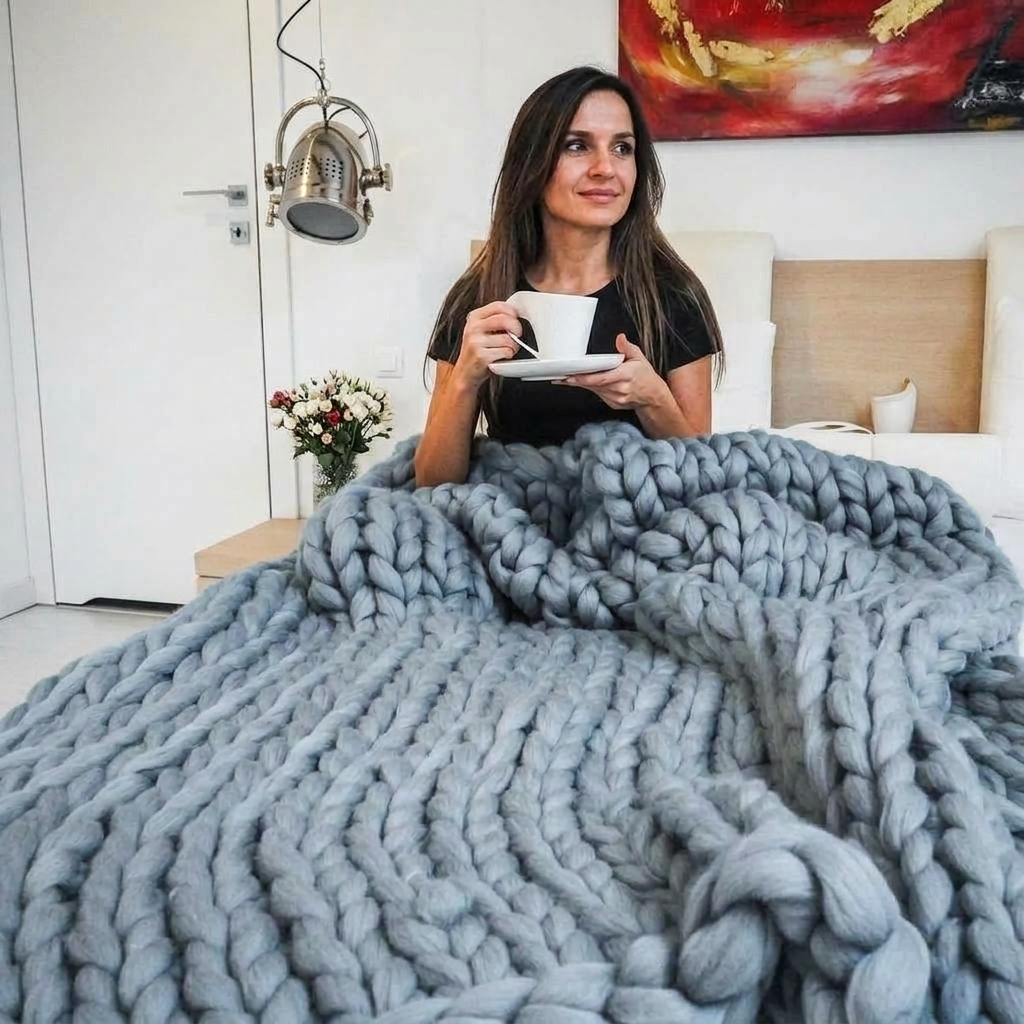 Plaid Bleu – 100 % Coton à Grosse Maille - vue 4 | Aolina