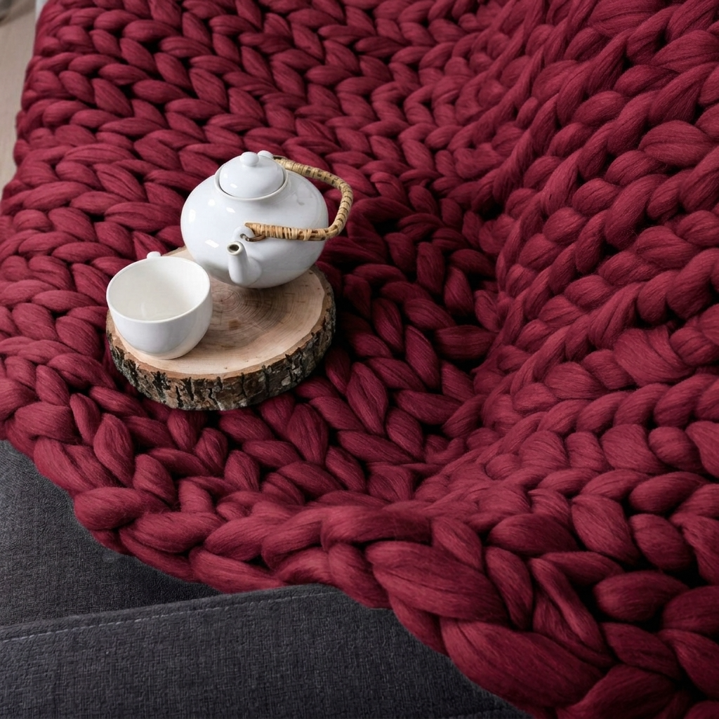 Plaid Bordeau – 100 % Coton à Grosse Maille - vue 2 | Aolina