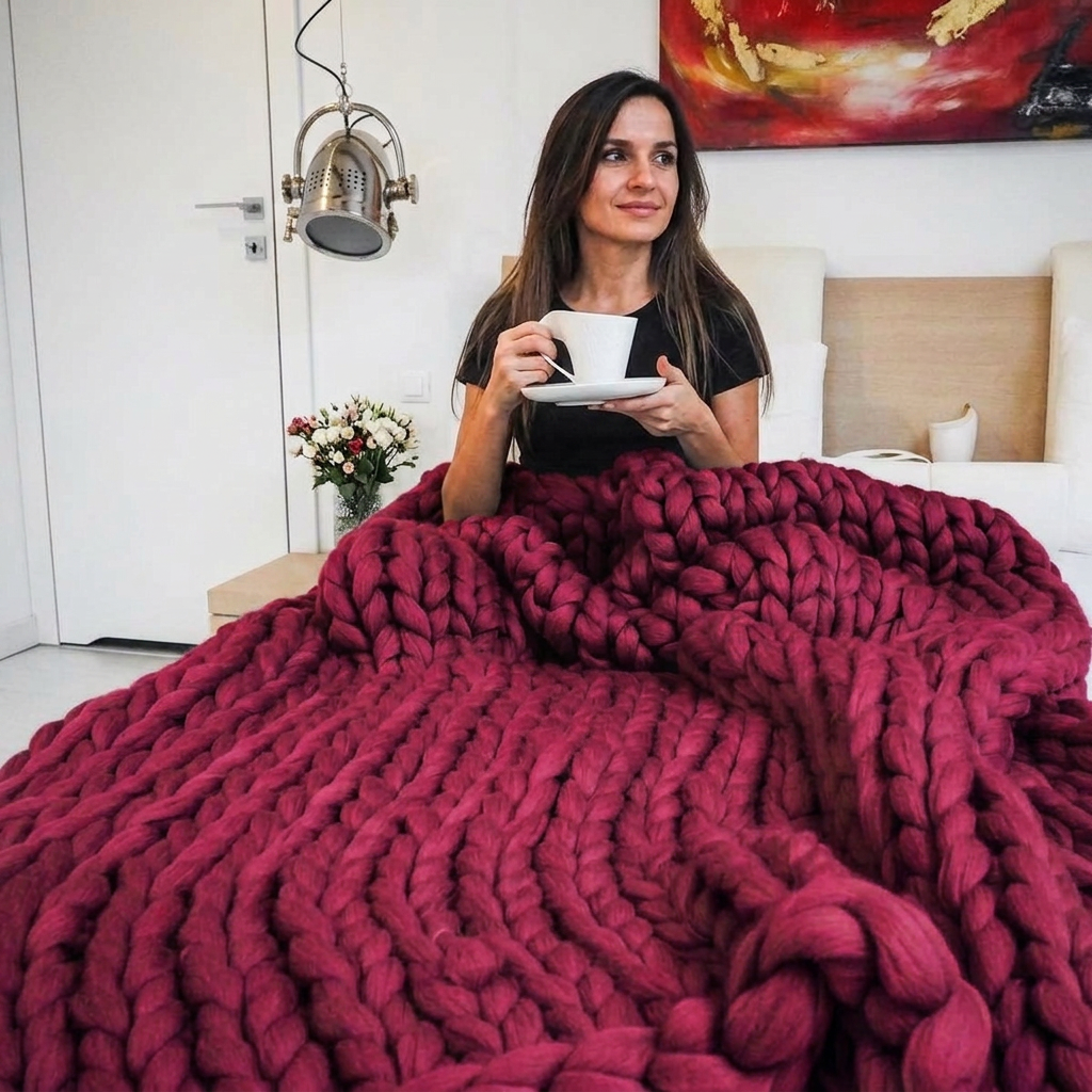 Plaid Bordeau – 100 % Coton à Grosse Maille - vue 5 | Aolina