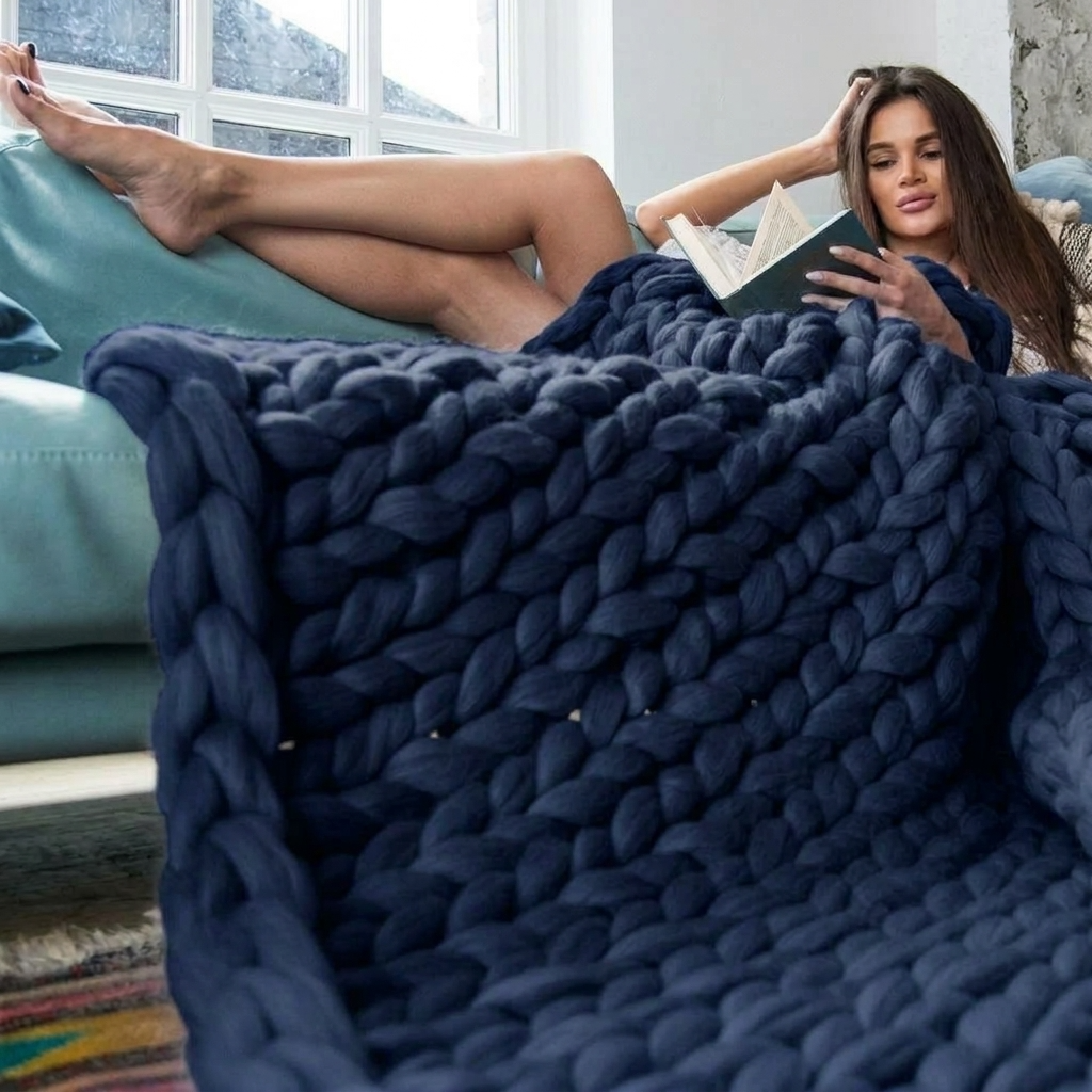 Plaid Marine – 100 % Coton à Grosse Maille - vue 4 | Aolina