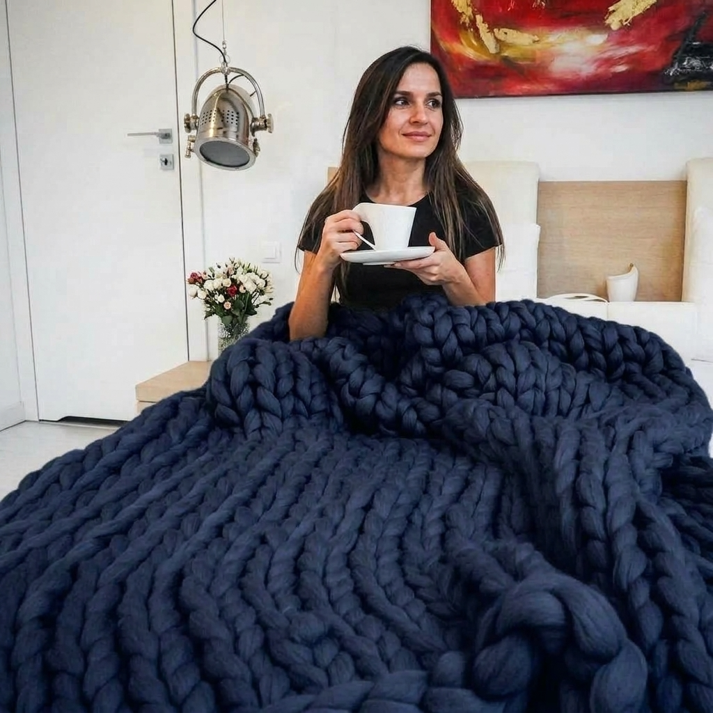 Plaid Marine – 100 % Coton à Grosse Maille - vue 2 | Aolina