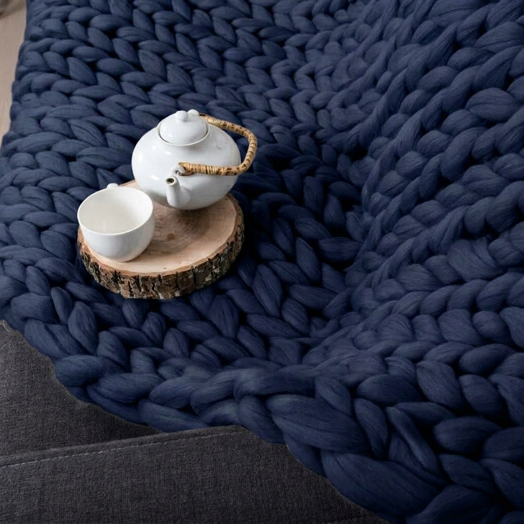 Plaid Marine – 100 % Coton à Grosse Maille - vue 3 | Aolina