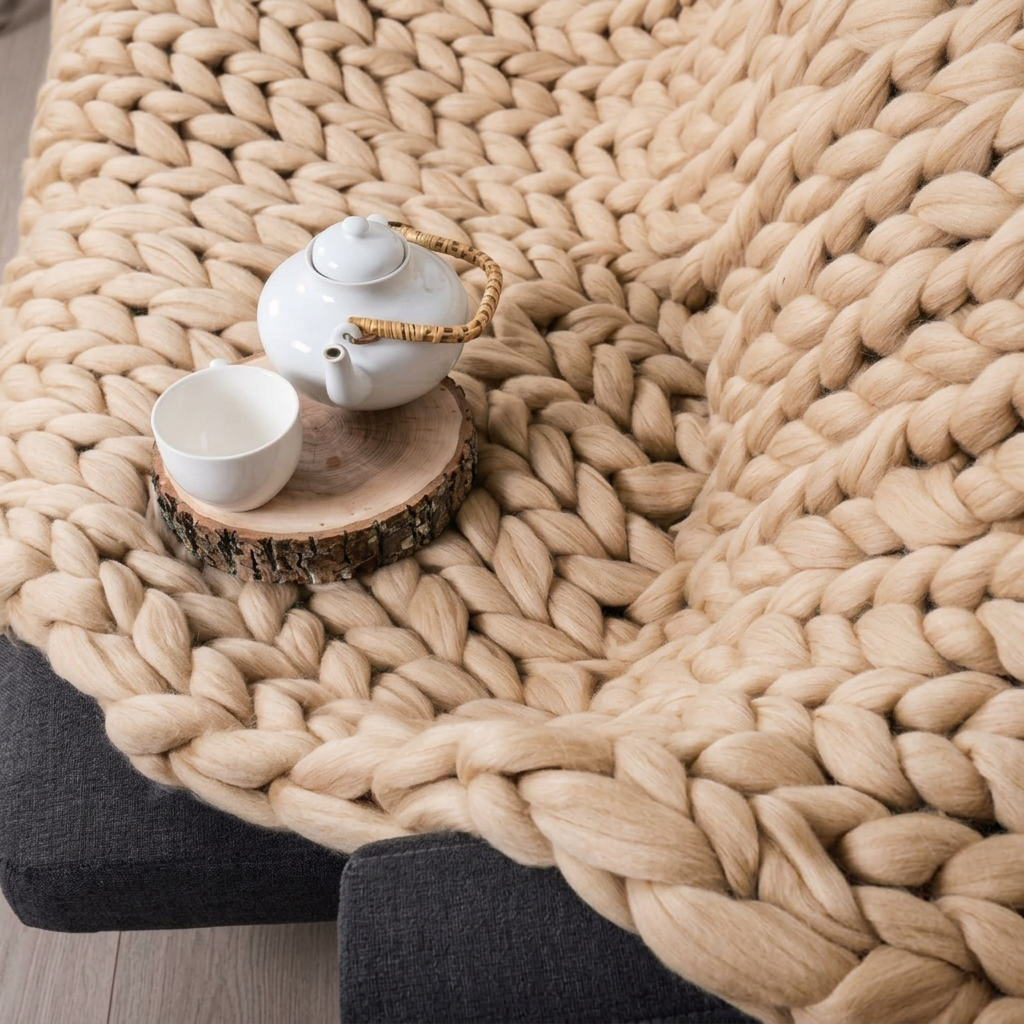 Plaid Beige – 100 % Coton à Grosse Maille - vue 2 | Aolina
