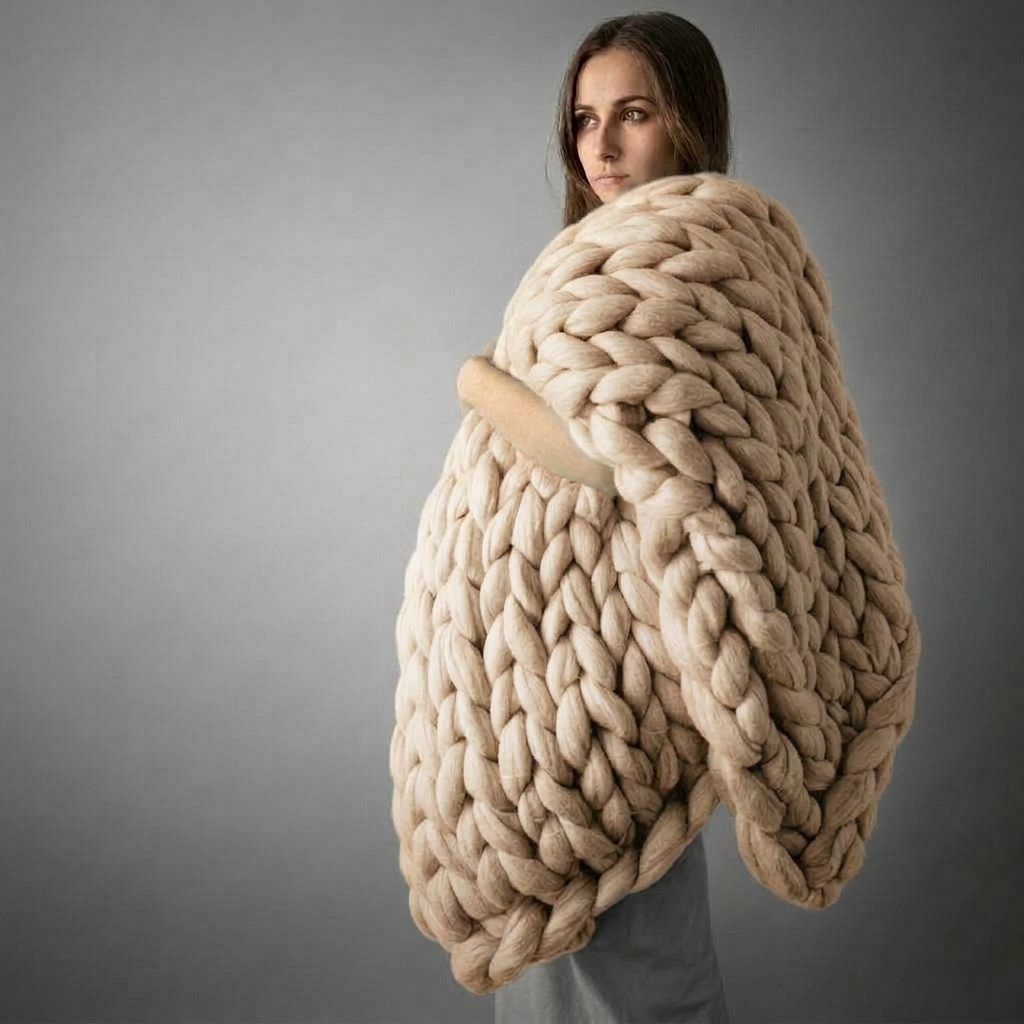 Plaid Beige – 100 % Coton à Grosse Maille - vue 5 | Aolina
