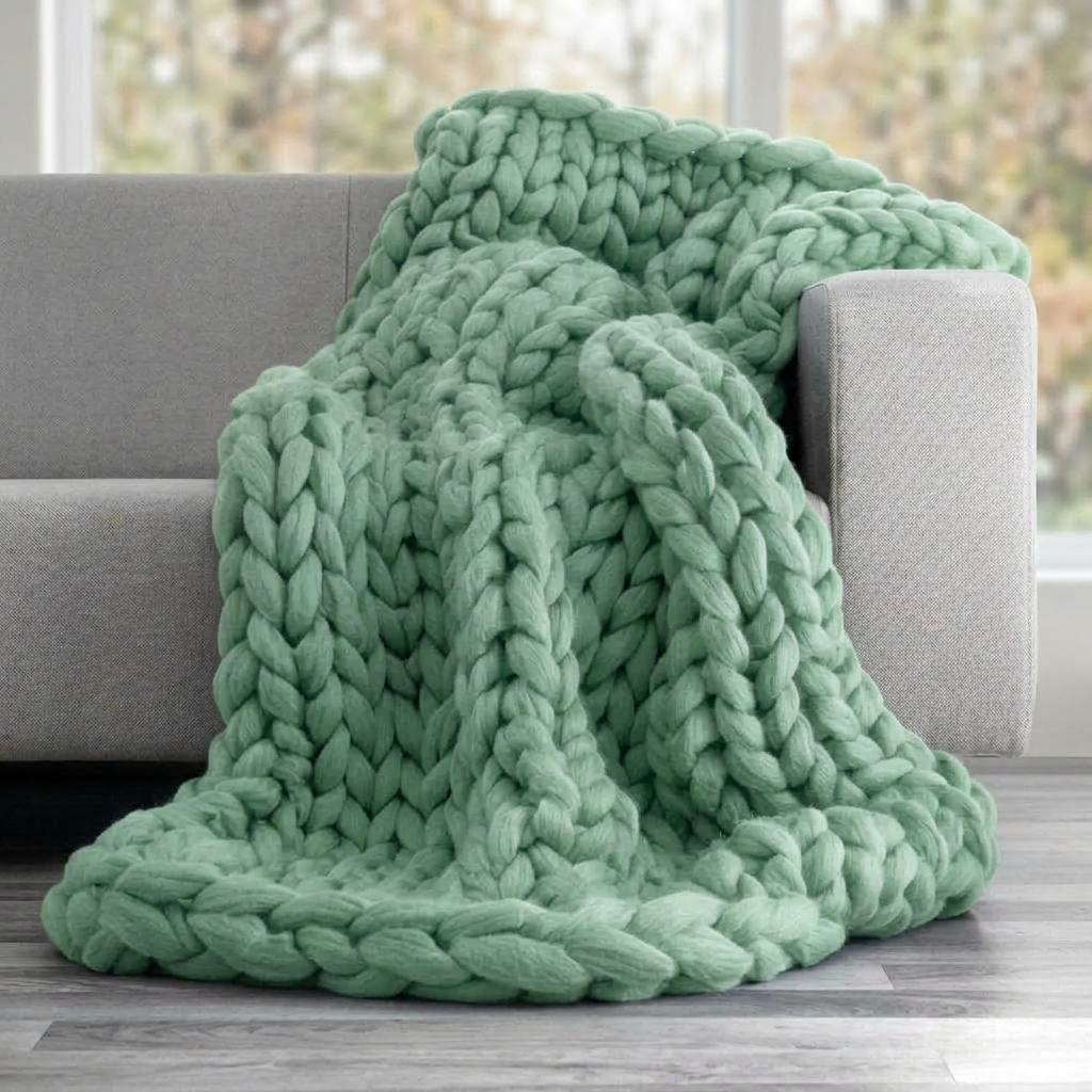 Plaid Vert – 100 % Coton à Grosse Maille - vue 2 | Aolina