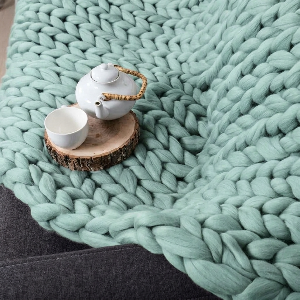 Plaid Vert – 100 % Coton à Grosse Maille - vue 3 | Aolina