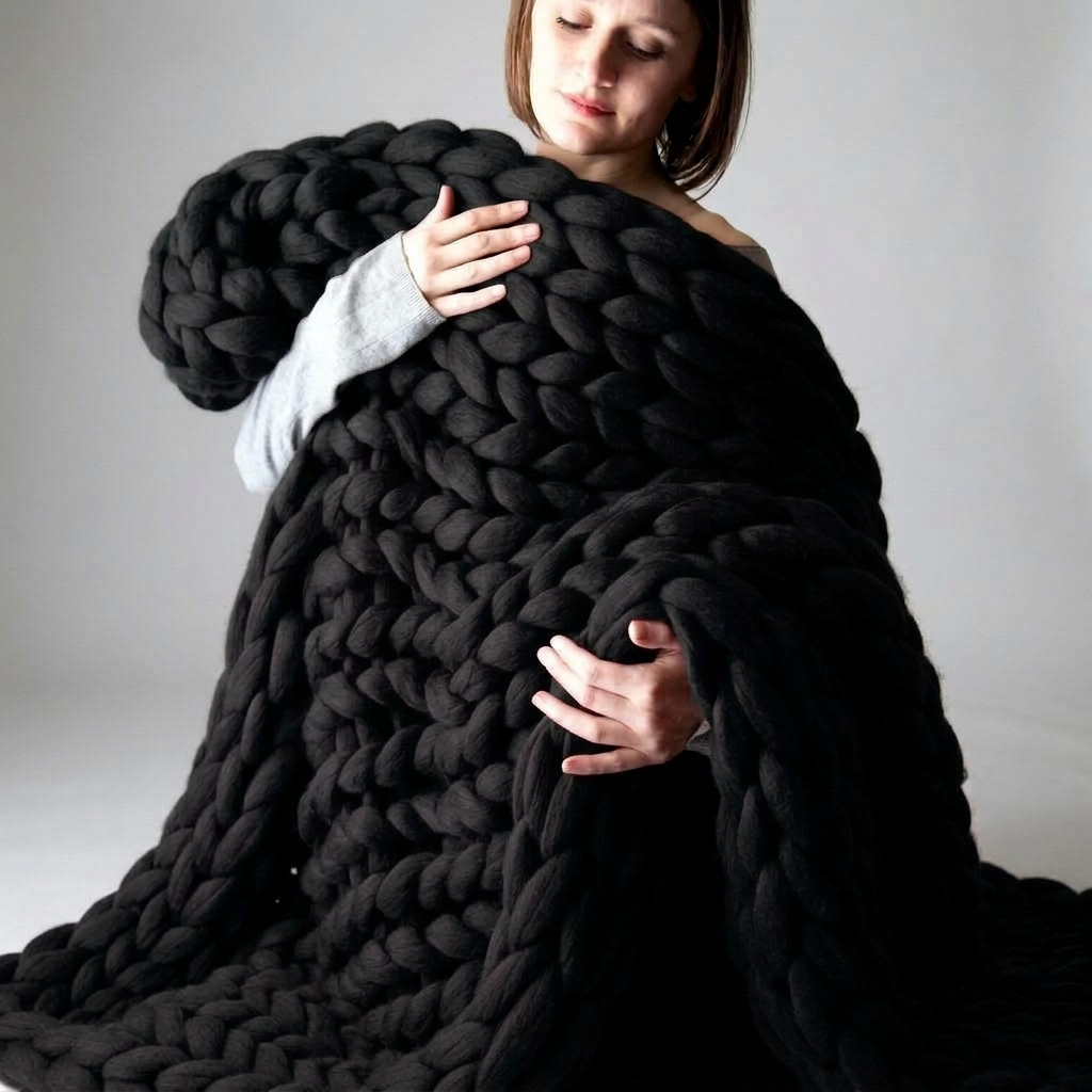 Plaid Noir – 100 % Coton à Grosse Maille - vue 3 | Aolina