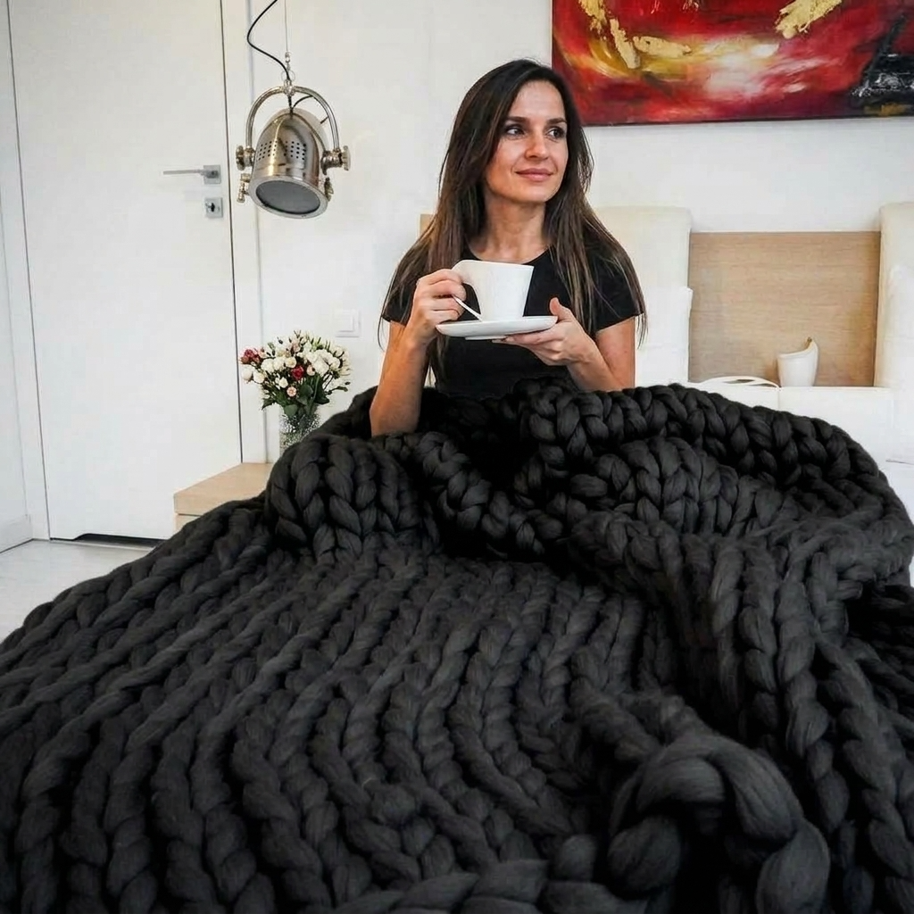 Plaid Noir – 100 % Coton à Grosse Maille - vue 1 | Aolina