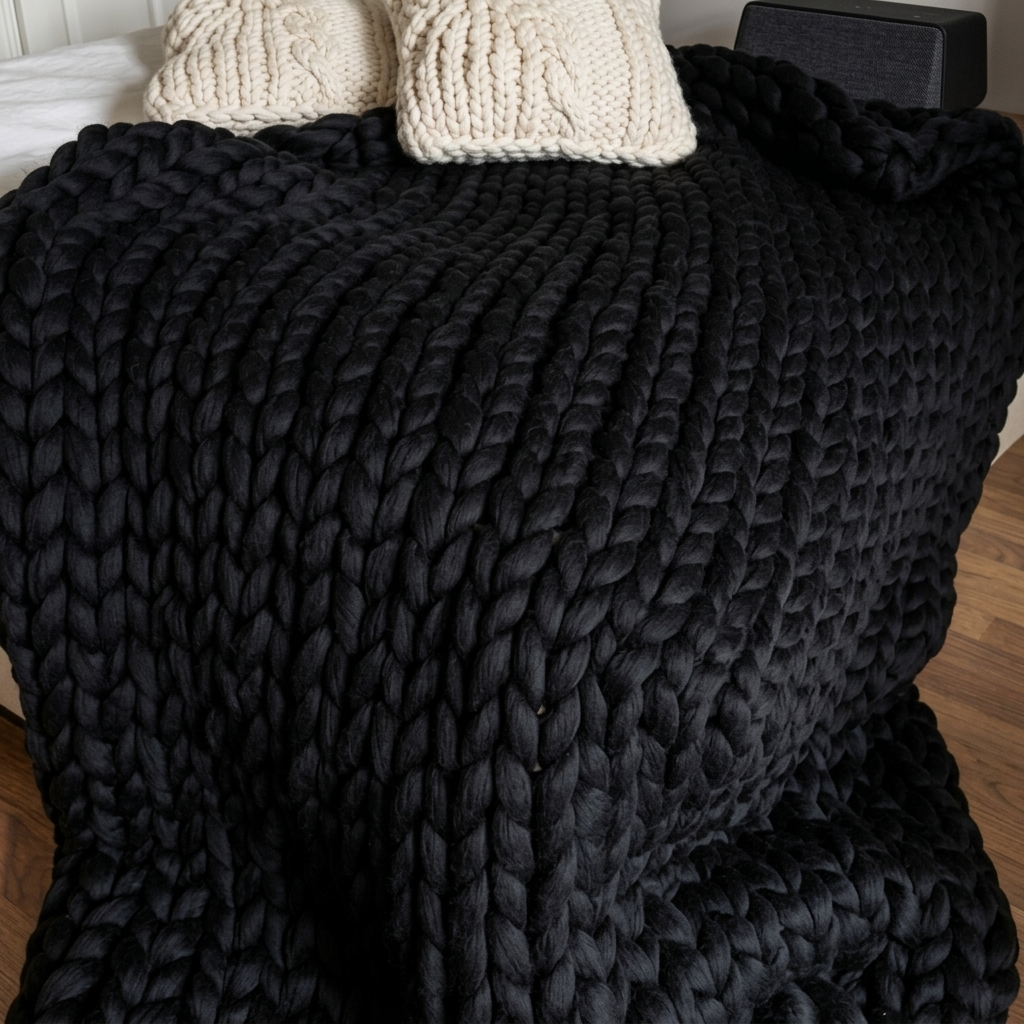 Plaid Noir – 100 % Coton à Grosse Maille - vue 2 | Aolina