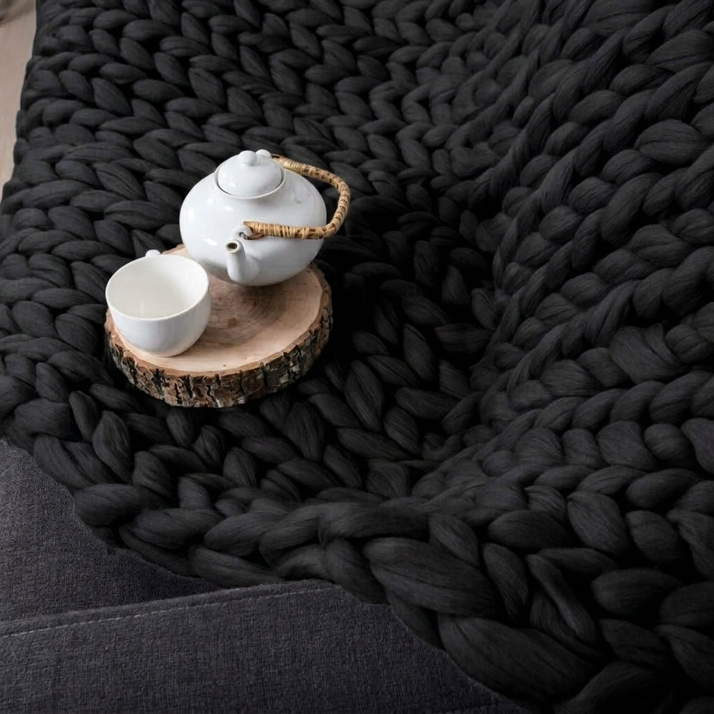 Plaid Noir – 100 % Coton à Grosse Maille - vue 5 | Aolina