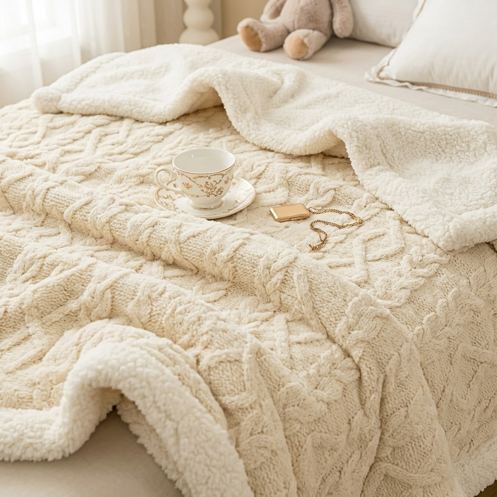 Plaid Beige – Polaire Sherpa à Motifs Géométriques - vue 5 | Aolina