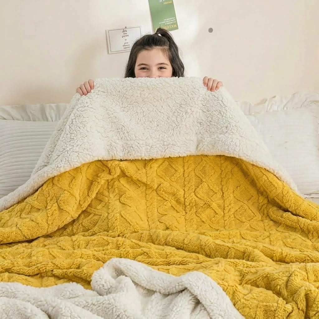 Plaid Jaune – Polaire Sherpa à Motifs Géométriques - vue 2 | Aolina