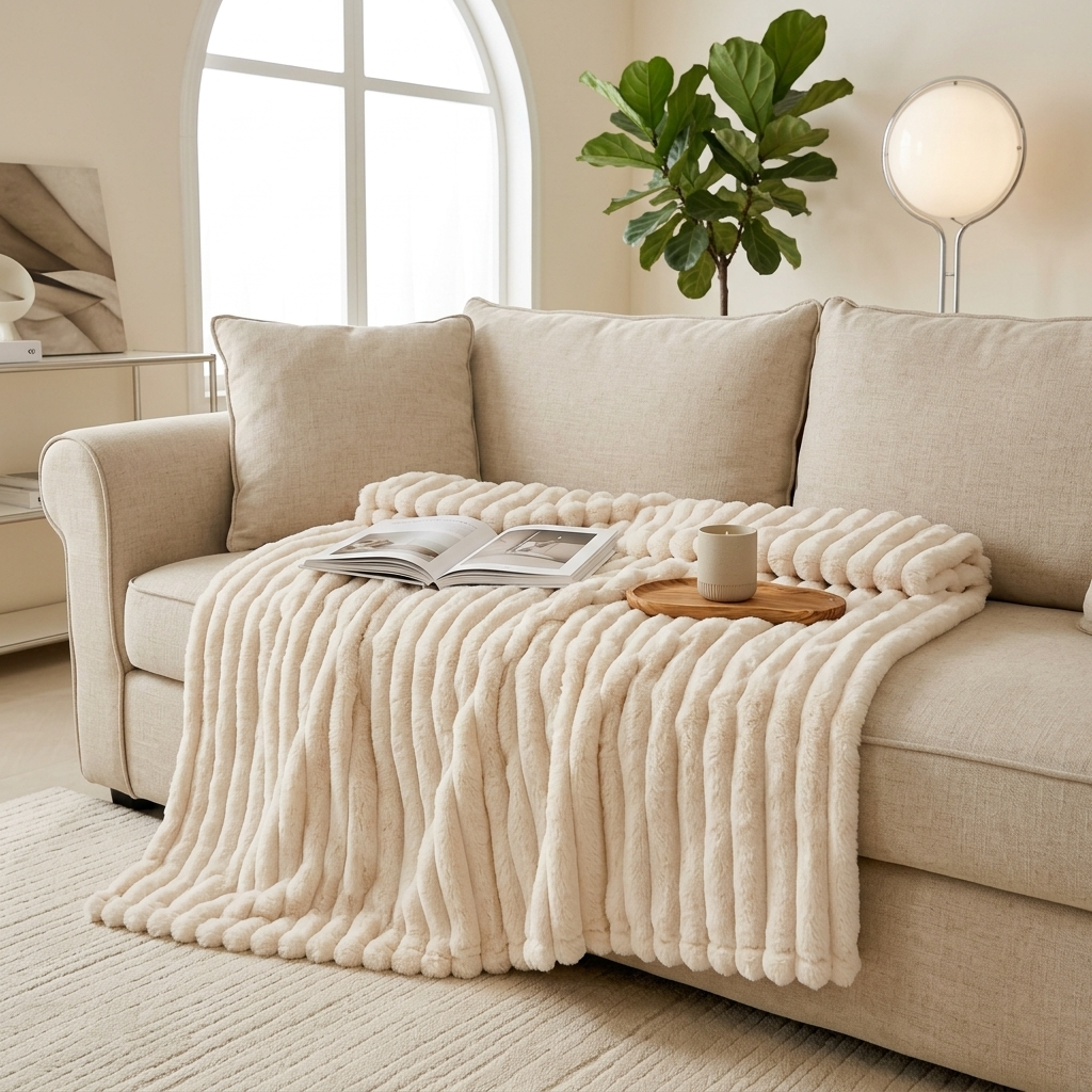 Plaid Beige – Fausse Fourrure Côtelée Douce et Épaisse - vue 5 | Aolina