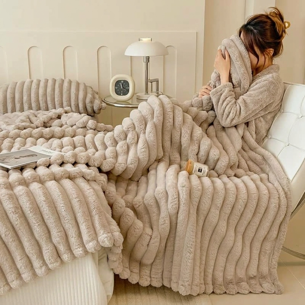Plaid Taupe – Fausse Fourrure Côtelée Douce et Épaisse - vue 3 | Aolina
