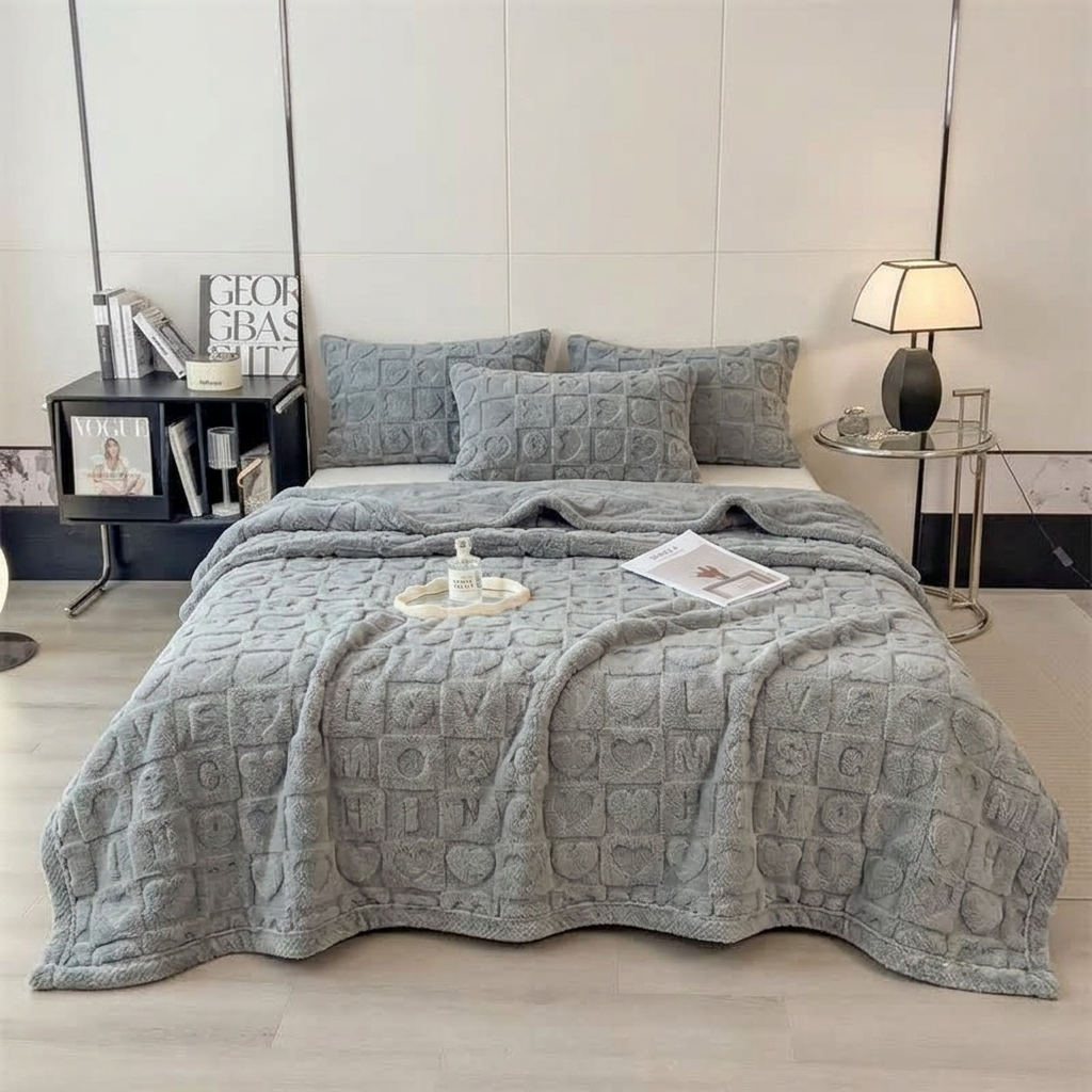 Plaid Gris – Polaire Douce à Motifs Cœur en Relief - vue 4 | Aolina
