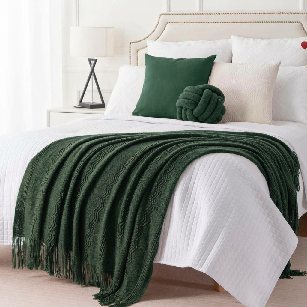 Plaid Sapin – Tricoté à Motifs en Relief & Franges - vue 2 | Aolina