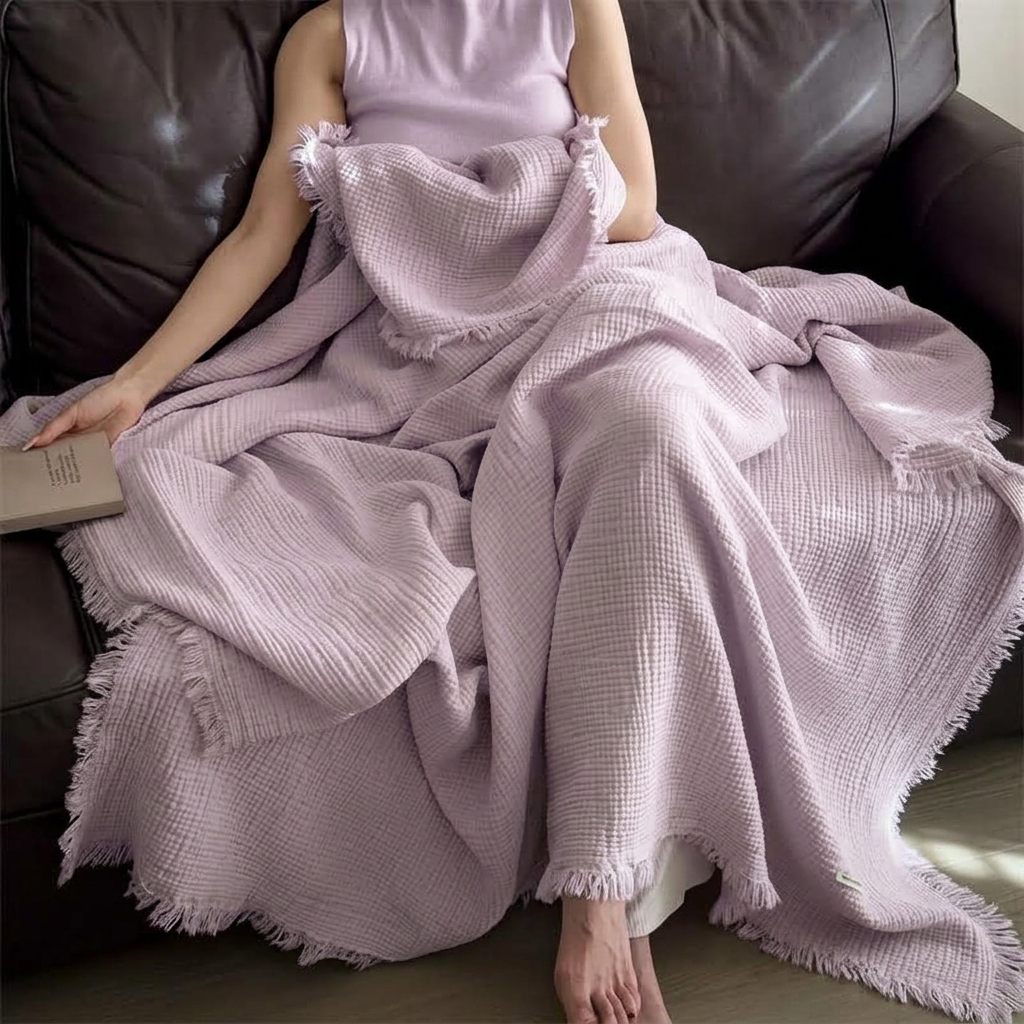 Plaid Violet – 100 % Coton 4 Épaisseurs à Franges - vue 6 | Aolina