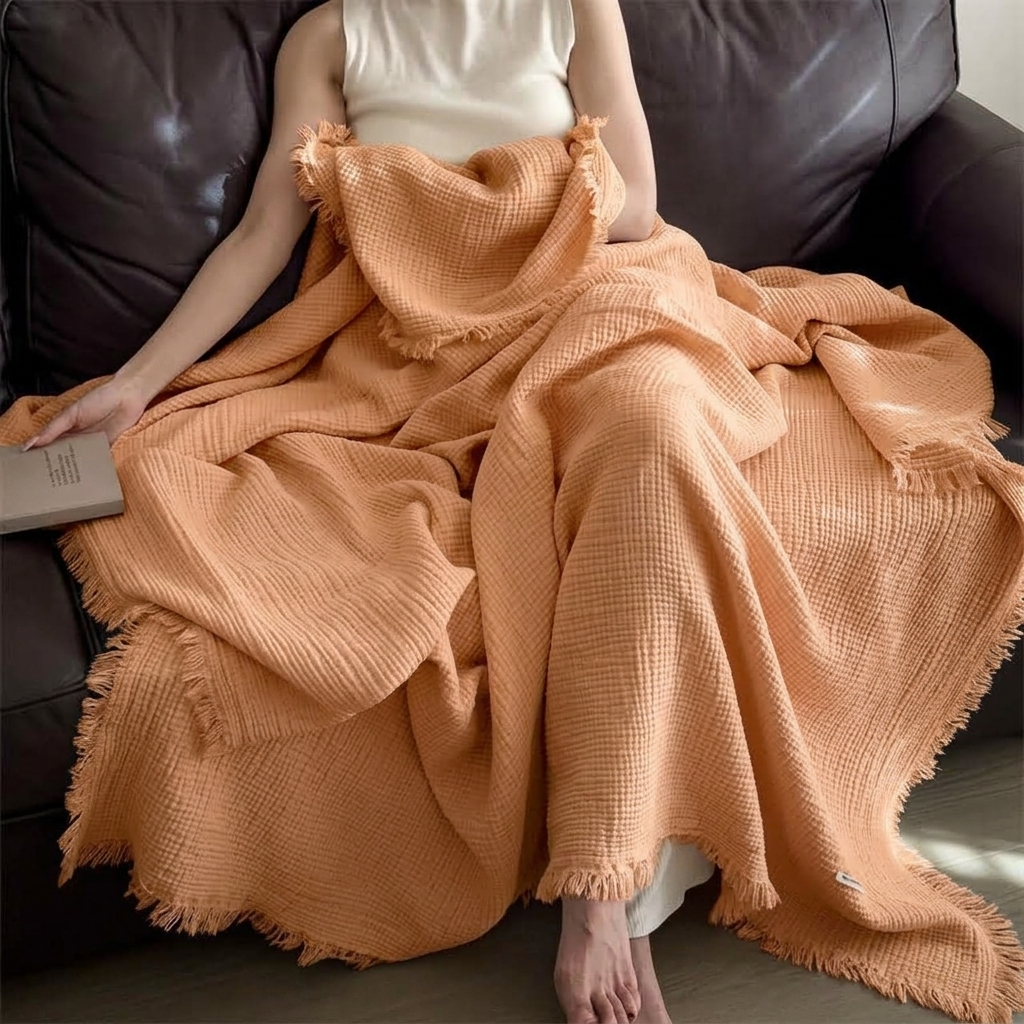 Plaid Orange – 100 % Coton 4 Épaisseurs à Franges - vue 2 | Aolina