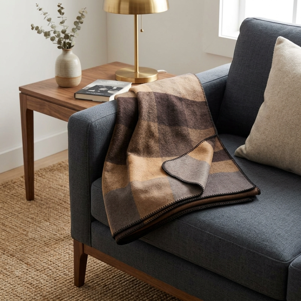Plaid 100 % Laine à Rayures Camel & Marron - vue 1 | Aolina