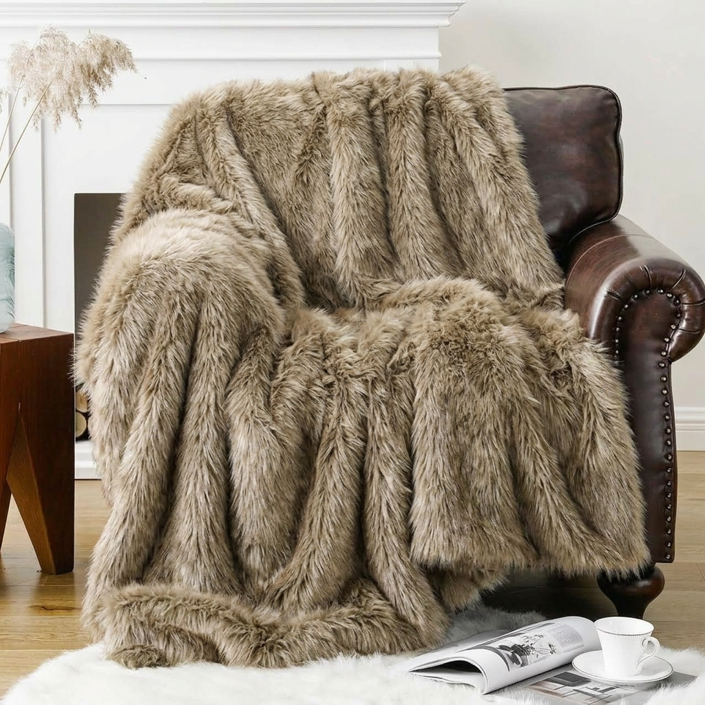Plaid Taupe – Fausse Fourrure Douce à Poils Longs - vue 3 | Aolina