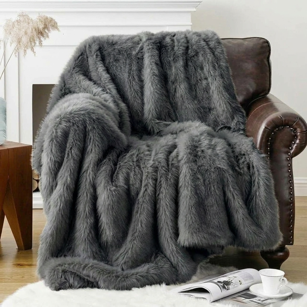 Plaid Gris – Fausse Fourrure Douce à Poils Longs - vue 2 | Aolina