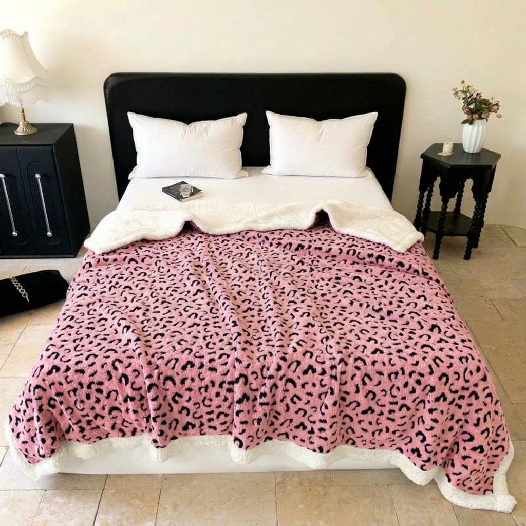 Plaid Léopard Doux Double Face – Rose